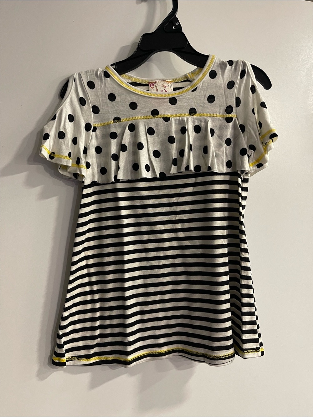 Pink Vanilla New Black & White Striped Polka Dot Ruffle Top with Yellow Trim